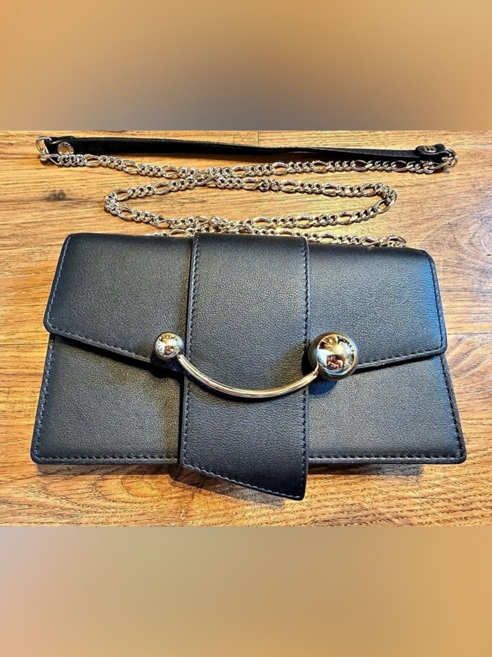 Strathberry crescent on a chain Handbag Black Clutch Crossbody with Gold Accent - Picture 4 of 8